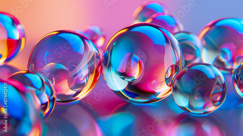 3d rendering of multiple glass spheres with blue and pink gradient background. abstract art concept. close up. macro shot.