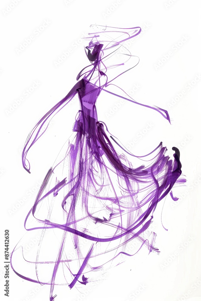 Fototapeta premium legant Abstract Figure in a Flowing Dress with Dynamic Purple Brushstrokes.
