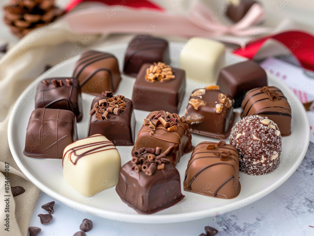 A variety of gourmet chocolates arranged on a white plate, showcasing different flavors and textures. Perfect for a Chocolate Day celebration, with a festive ribbon and a card in the background.
A variety of gourmet chocolates arranged on a white plate, showcasing different flavors and textures. Perfect for a Chocolate Day celebration, with a festive ribbon and a card in the background.