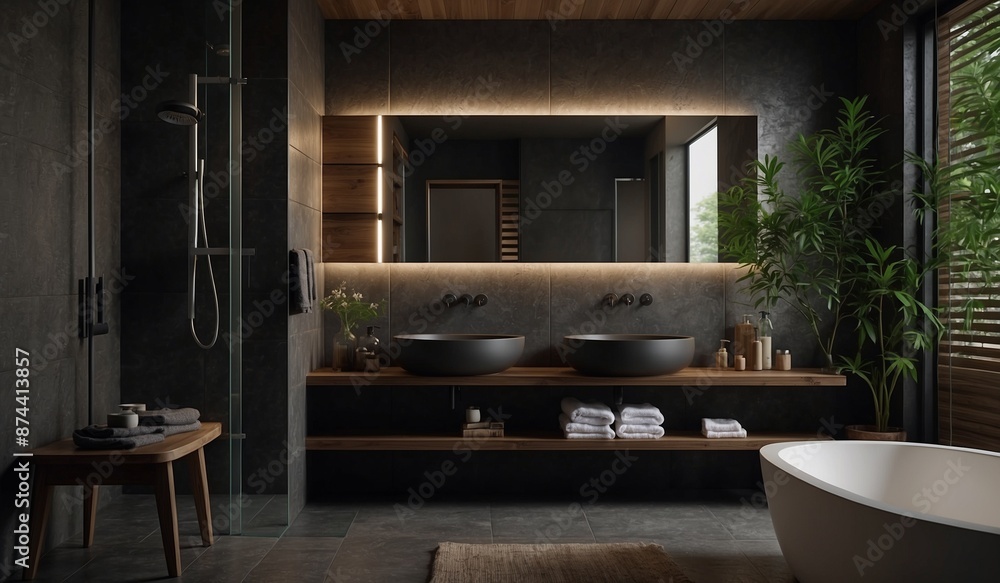 Modern bathroom with wooden and black accents. Modern bathroom with wooden and black accents.