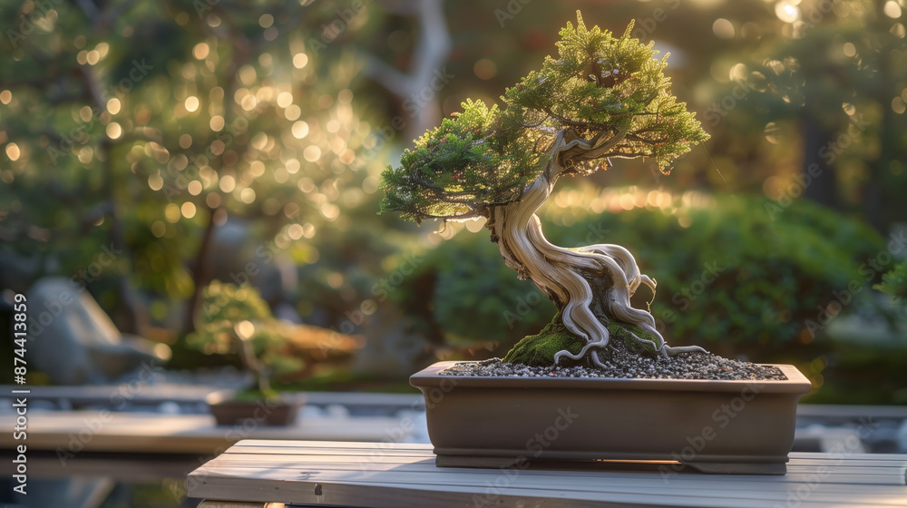 Bonsai tree in a sunlit garden setting, capturing the intricate beauty and serenity of nature, with warm sunlight filtering through the leaves. Bonsai tree in a sunlit garden setting, capturing the intricate beauty and serenity of nature, with warm sunlight filtering through the leaves.