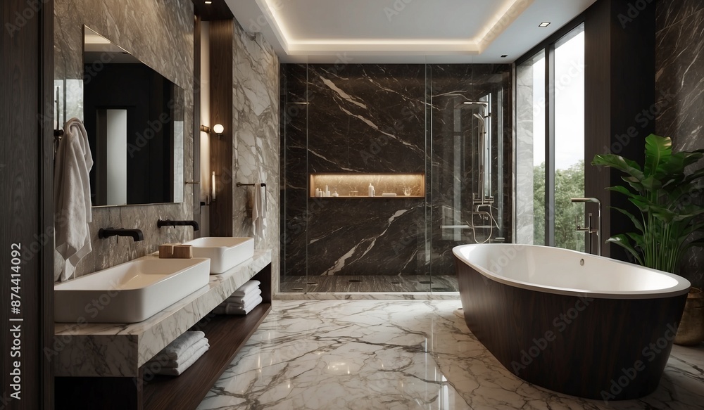 Modern bathroom with dark theme, marble, and nature views. Modern bathroom with dark theme, marble, and nature views.