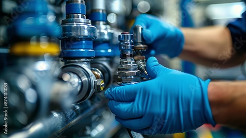 Closeup of Gloved Hands Adjusting a Metal Valve in a Factory Setting
