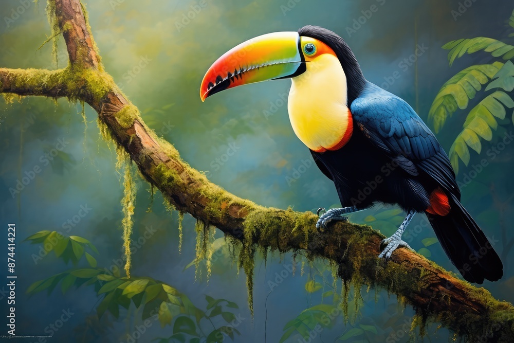 Obraz premium Toucan sitting on the branch of a tree in the forest