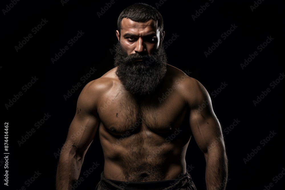 Dramatic portrait of a muscular bearded man posing on a black background Dramatic portrait of a muscular bearded man posing on a black background