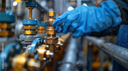 Closeup of Gloved Hands Adjusting a Metal Valve in a Factory Setting