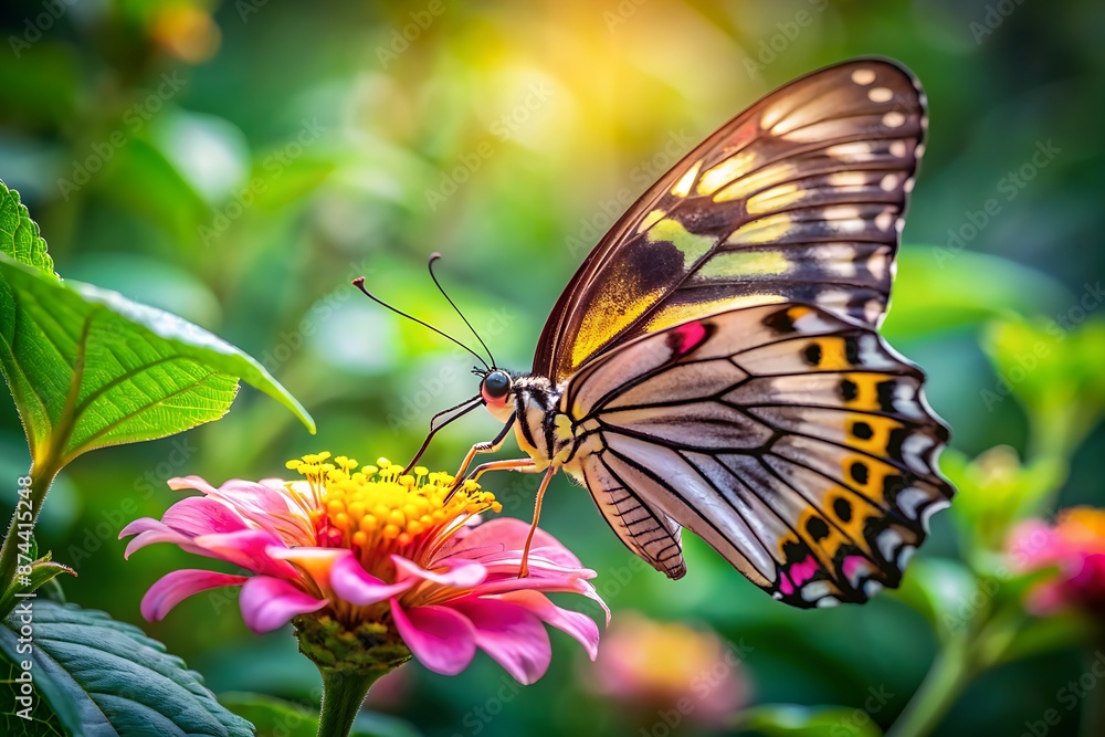 Naklejka premium Delicate butterfly with intricate wings sips nectar from a bright pink flower with soft petals and yellow center, surrounded by lush green leaves.