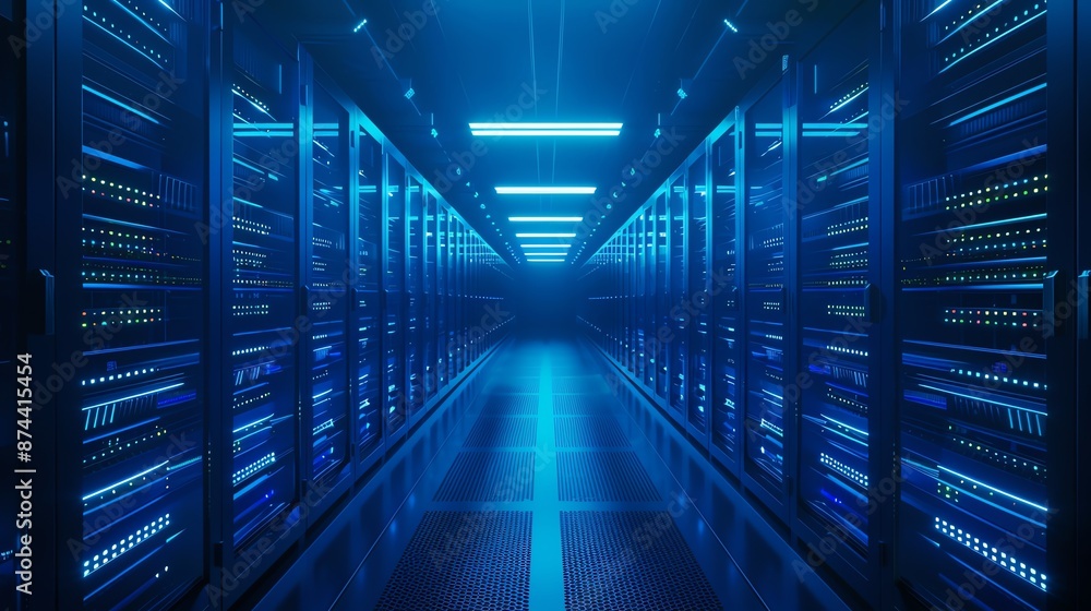 Server room with rows of highperformance servers Server room with rows of highperformance servers