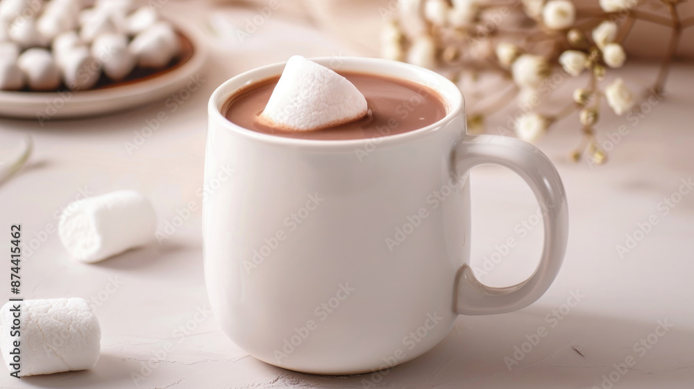 A cup of hot chocolate topped with a marshmallow, with more marshmallows scattered around. Perfect for a cozy winter drink. A cup of hot chocolate topped with a marshmallow, with more marshmallows scattered around. Perfect for a cozy winter drink.