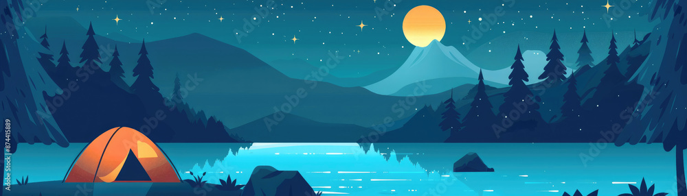 Fototapeta premium A single tent sits by a lake under a starry night sky. The full moon shines brightly above the trees.
