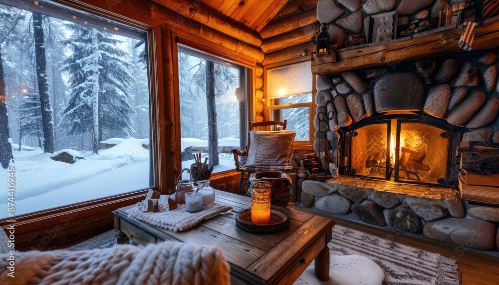 Cozy cabin living room with a fireplace, wooden furniture, and a snowy winter view outside the window. Cozy cabin living room with a fireplace, wooden furniture, and a snowy winter view outside the window.