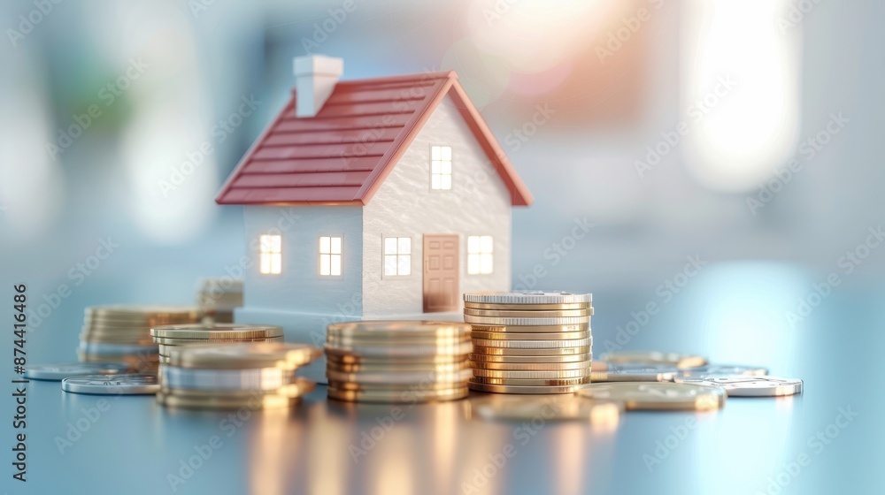 A house is surrounded by a pile of gold coins A house is surrounded by a pile of gold coins