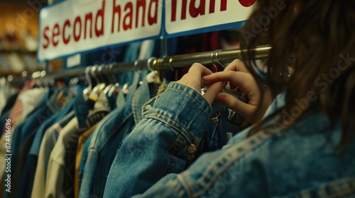 Person browsing secondhand denim jackets on a clothing rack in a thrift store. Sustainable fashion, secondhand shopping, vintage clothing, ecofriendly lifestyle concept.