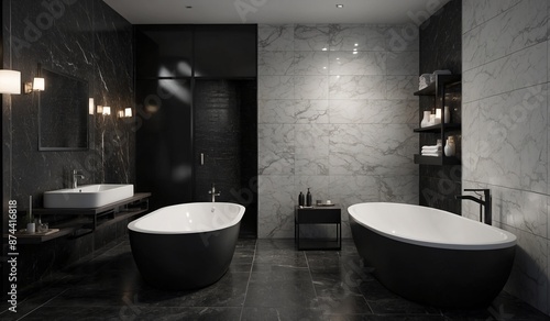Luxury bathroom with dual bathtubs and marble walls.
