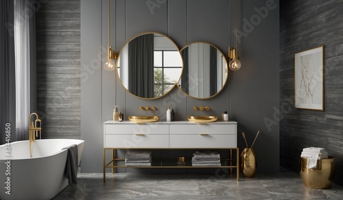 Elegant bathroom vanity with dual mirrors and lighting.