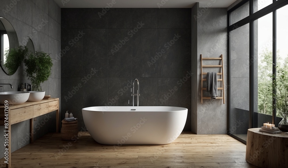 Modern bathroom with freestanding tub and wood accents Modern bathroom with freestanding tub and wood accents