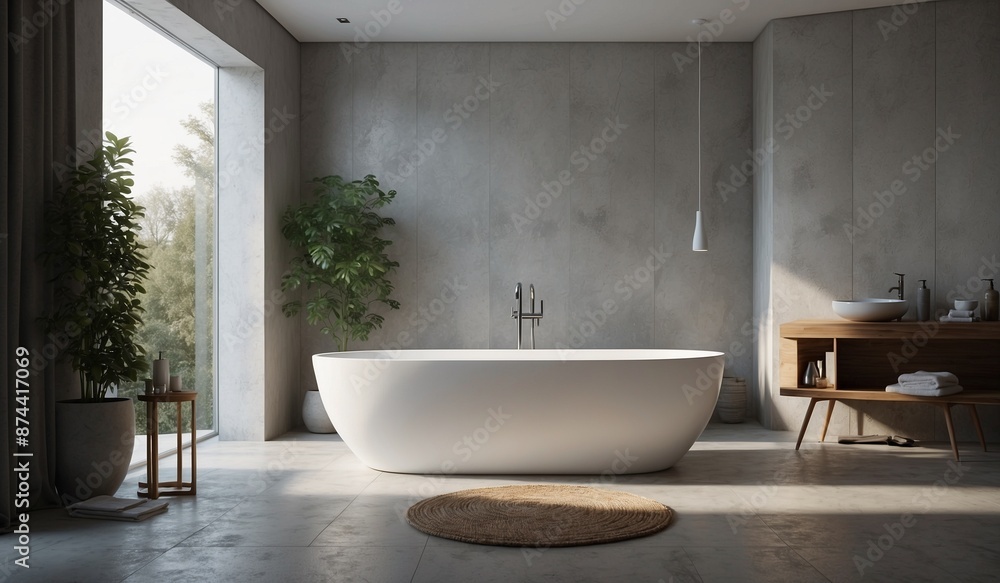 Minimalistic bathroom with white tub and potted plants Minimalistic bathroom with white tub and potted plants