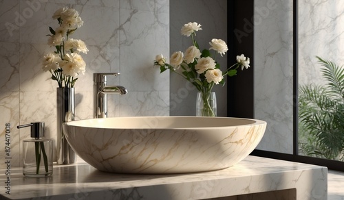 Elegant marble sink with luxurious gold accents and decor