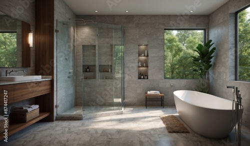 Spacious bathroom with glass shower and marble tiles