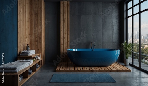 Contemporary bathroom with blue tub and city view © Heruvim