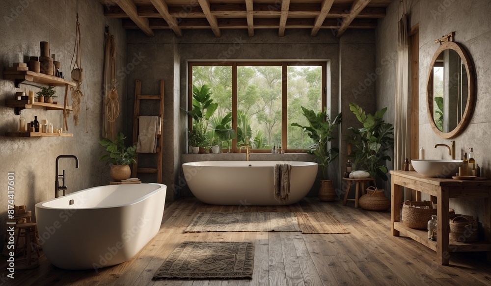 Rustic bathroom with wooden elements and natural light. Rustic bathroom with wooden elements and natural light.