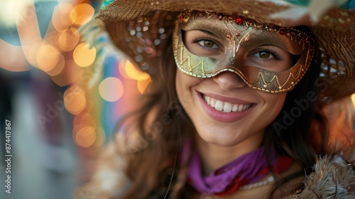 Joyful Carnival Beauty Smiling with Masquerade Mask photo