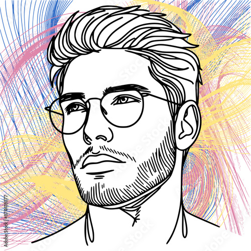 a man wearing glasses with disheveled lines on the background - line drawing sketch (artwork 1)