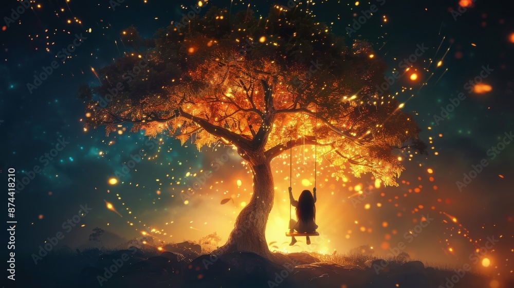 A tree with a girl swinging on it A tree with a girl swinging on it