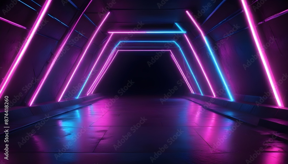 Fototapeta premium Pink and blue neon lights abstract background with triangles and street tunnel theme