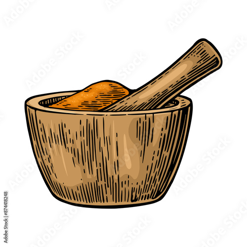 Wooden pestle and mortar with crushed piece. Vintage color vector engraving illustration for label, poster. Isolated on white background. Hand drawn design element