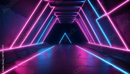 Pink and blue neon lights abstract background with triangles and street tunnel theme