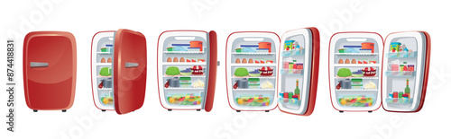 Fridge. Set of retro refrigerators for animation, closed and open empty refrigerators. Cartoon stroke.