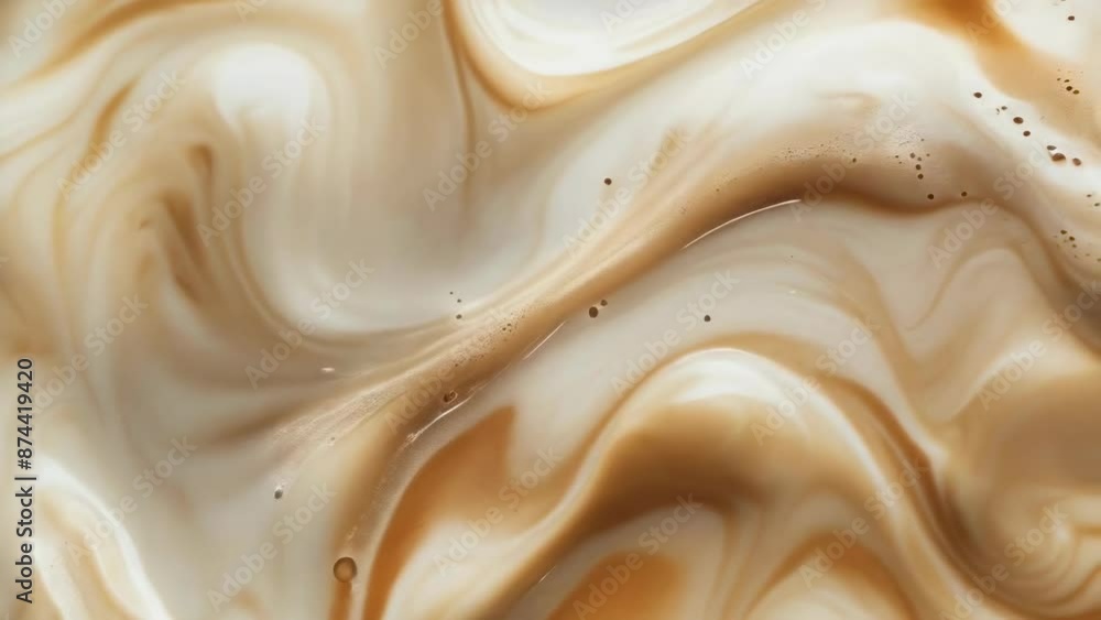 This image showcases a close-up view of a swirling mixture of caramel and milk, creating a marbled effect. The smooth blend of brown and white hues gives a creamy and appetizing texture.