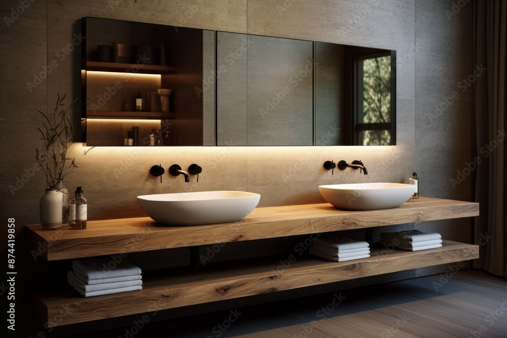 Fototapeta premium Stylish bathroom featuring a double vessel sink vanity and warm ambient lighting