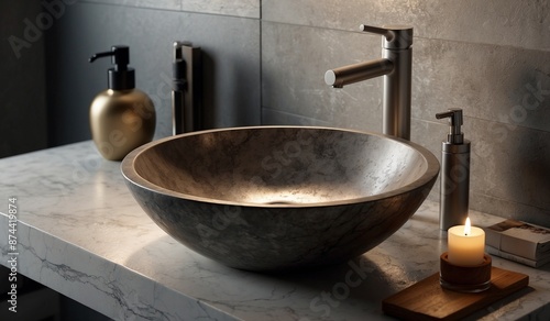 Rustic stone sink with modern fixtures