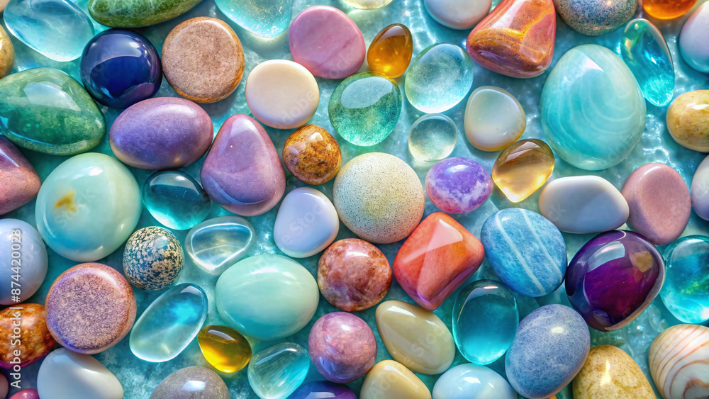 Variety of pastel colors stones with rounded shapes that appear to have a naturally shiny surface. On the light blue water floor, close up on top view, Variety of pastel colors stones with rounded shapes that appear to have a naturally shiny surface. On the light blue water floor, close up on top view,
