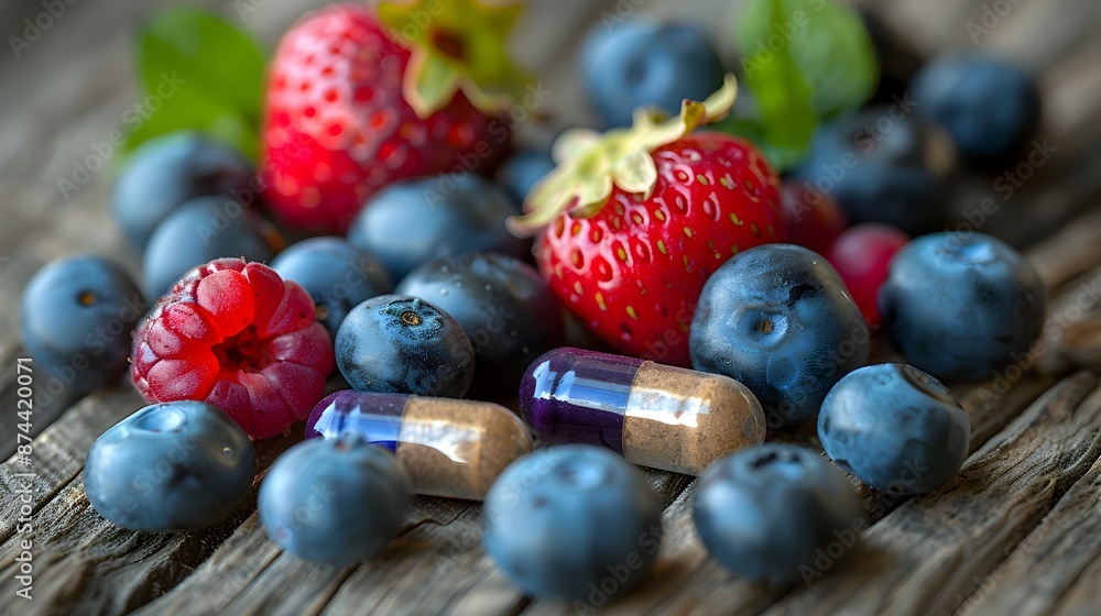 Assortment of Fresh Berries and Nutritional Supplements on Wooden Background Assortment of Fresh Berries and Nutritional Supplements on Wooden Background
