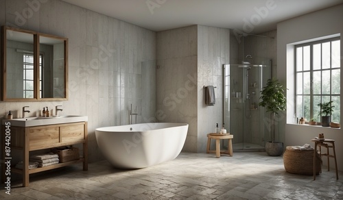 Contemporary bathroom with large window and decor photo