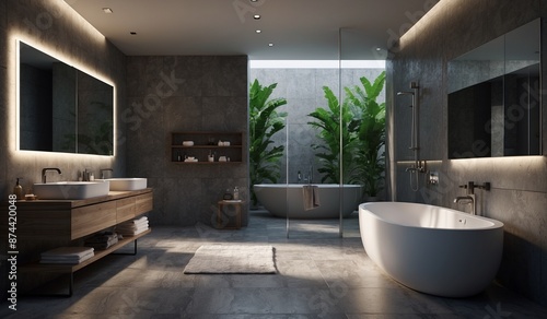 Luxurious bathroom with plants and modern vanities