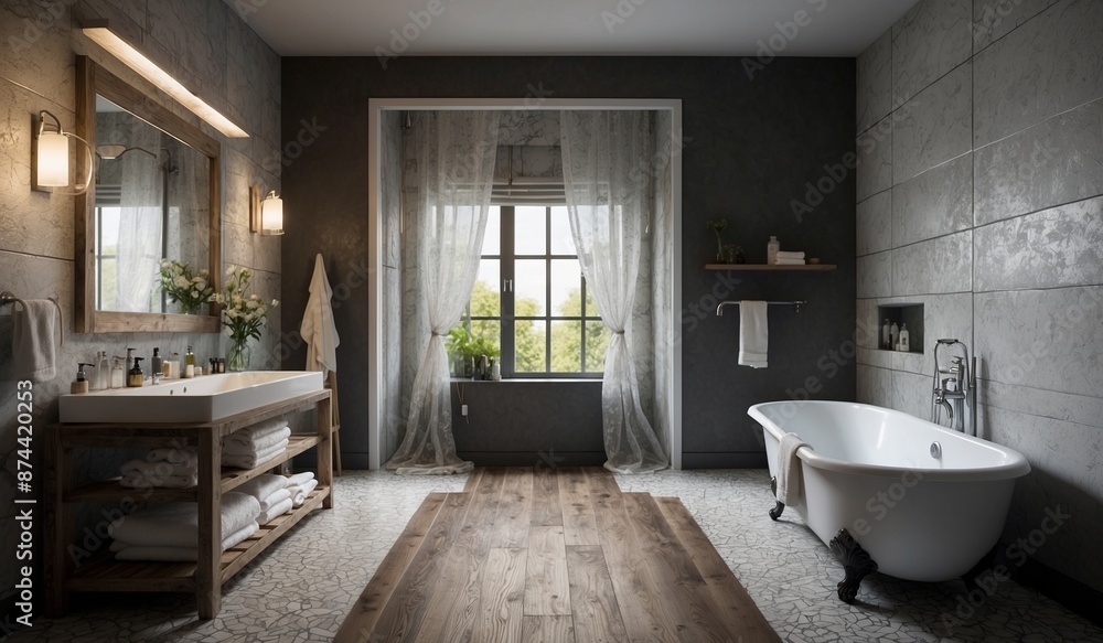 Luxury bathroom with large window and elegant decor. Luxury bathroom with large window and elegant decor.