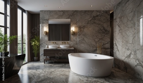 Elegant bathroom with marble walls and oval bathtub.