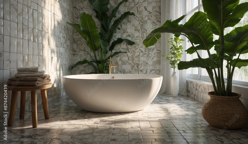 Tropical bathroom with marble tiles and large plants Tropical bathroom with marble tiles and large plants