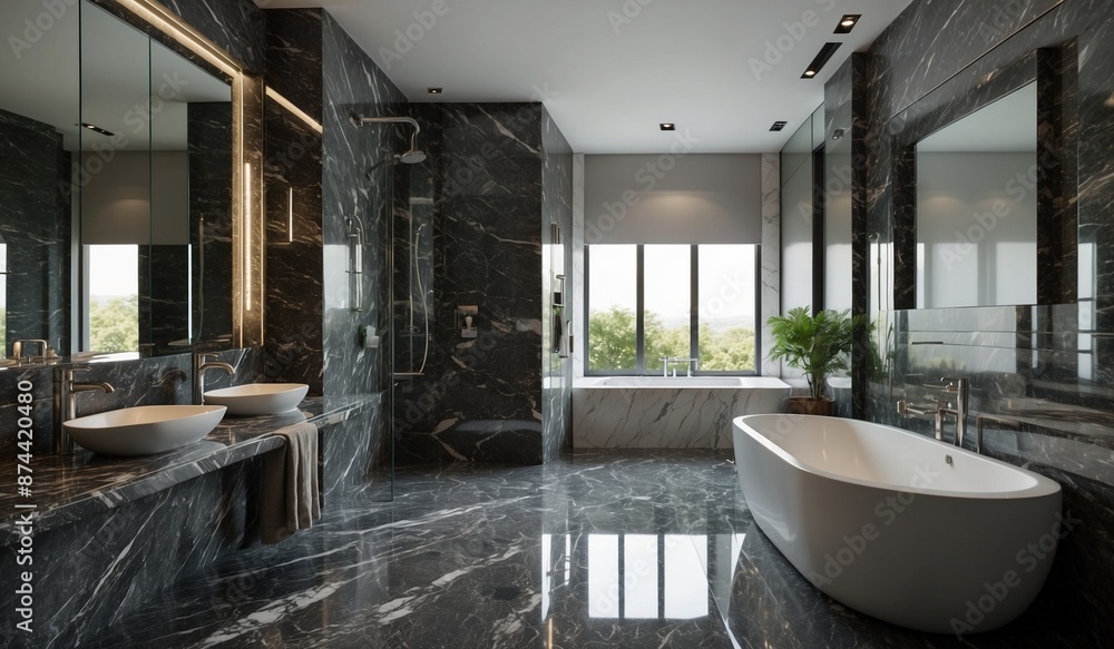 Luxurious modern bathroom with marble finishes and view Luxurious modern bathroom with marble finishes and view