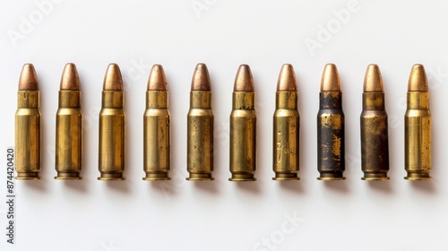 Closeup of brass bullet shells arranged in a pile against a white background, showcasing their polished surfaces and intricate details. photo