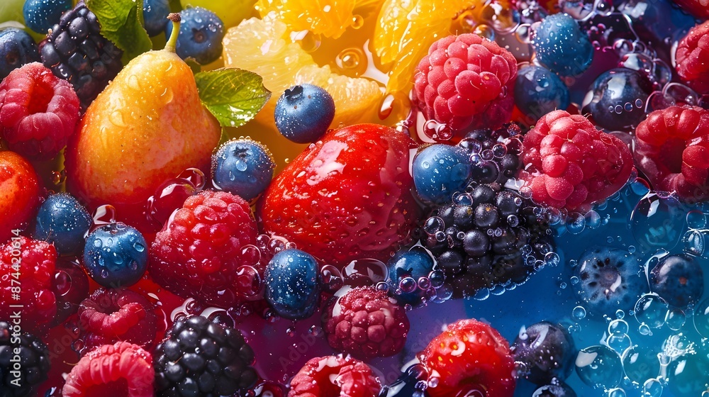 Assortment of Vibrant Fresh Berries and Fruits on Blue Background Assortment of Vibrant Fresh Berries and Fruits on Blue Background