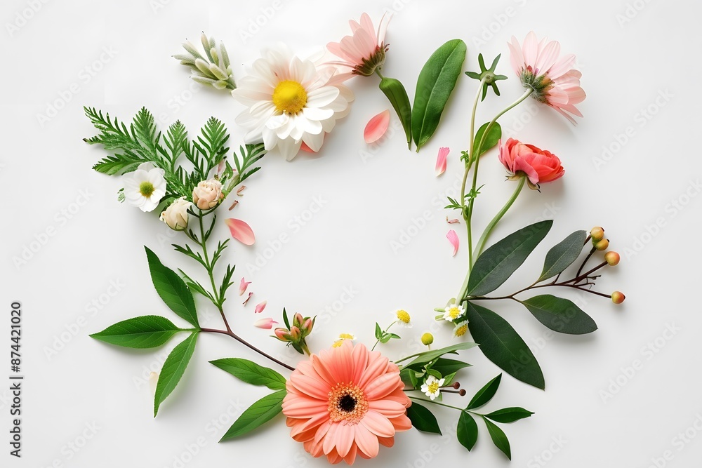 Floral arrangement of various vibrant flowers and green leaves on a white background Floral arrangement of various vibrant flowers and green leaves on a white background