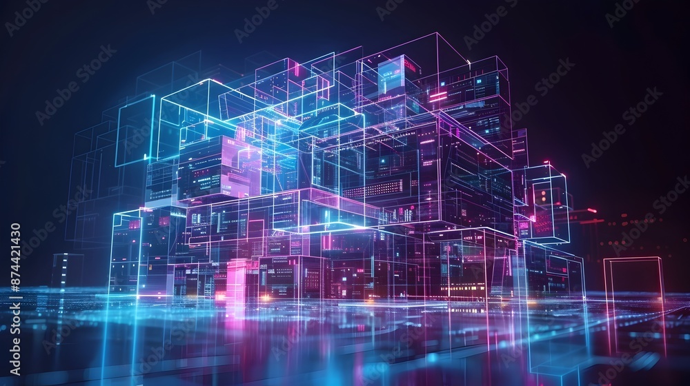 Fototapeta premium Futuristic City Hologram with Illuminated Architectural Wireframe Structures