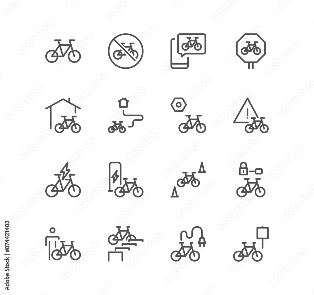 Set of bicycle and transportation icons, bike parking, repair, outdoor riding, and linear variety vectors.
Set of bicycle and transportation icons, bike parking, repair, outdoor riding, and linear variety vectors.