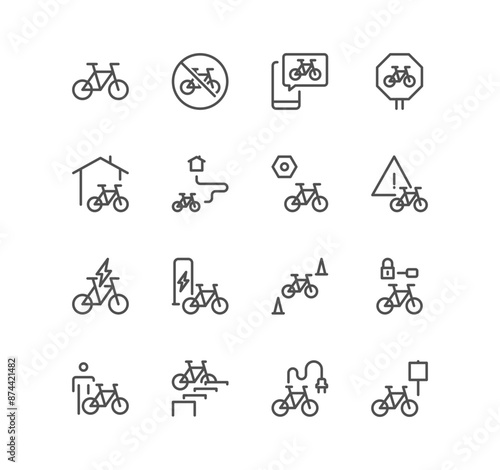 Set of bicycle and transportation icons, bike parking, repair, outdoor riding, and linear variety vectors.	

