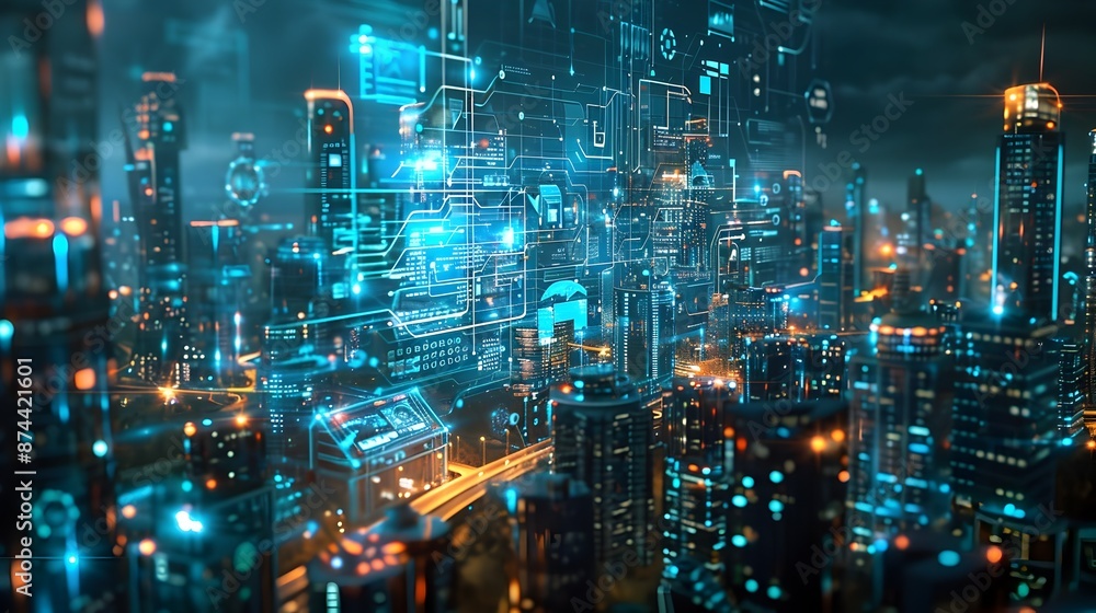 Obraz premium Futuristic Digital Metropolis Cityscape with Intricate Technological Networks and Neon Lights